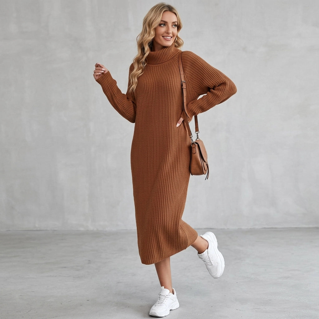 Ribbed Knit Winter Dress with Turtleneck Brown 4