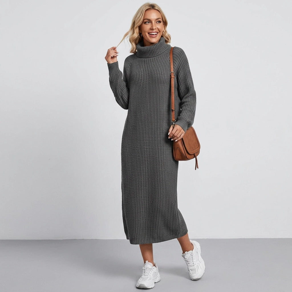 Ribbed Knit Winter Dress with Turtleneck Dark Grey 5