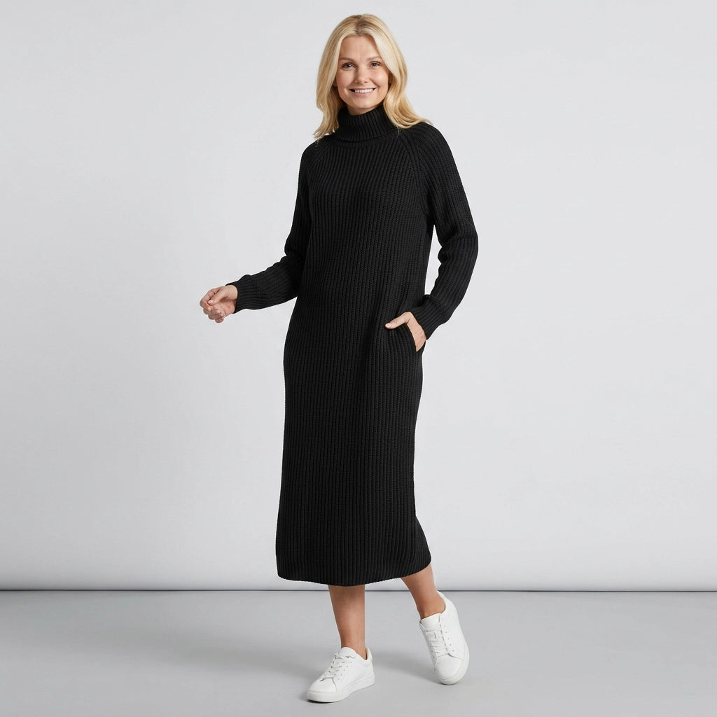 Ribbed Knit Winter Dress with Turtleneck Black 6