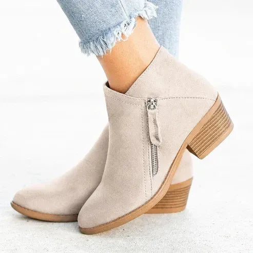 Round Toe Ankle Boots with Zipper Beige 1
