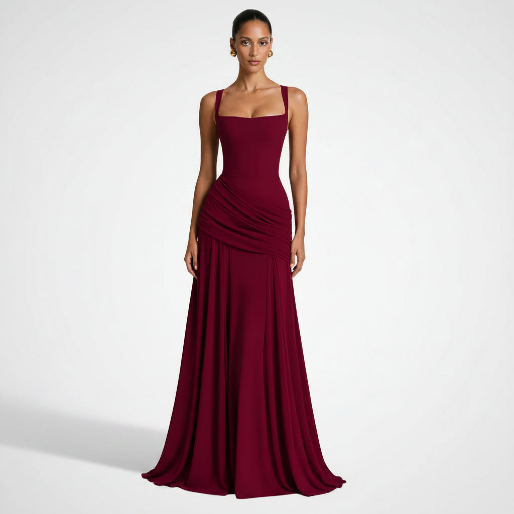 Ruched A-Line Wedding Guest Dress Dark Red 1