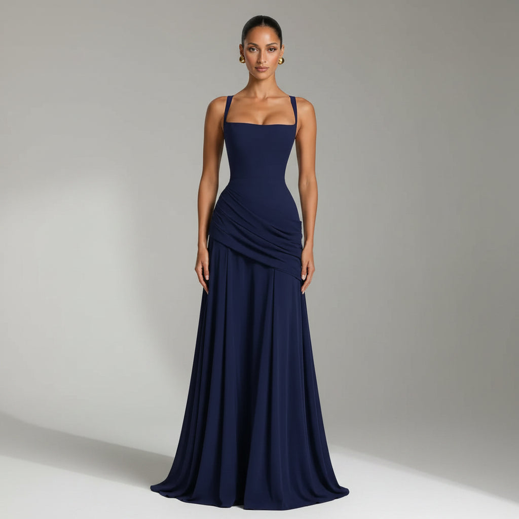 Ruched A-Line Wedding Guest Dress Navy 2