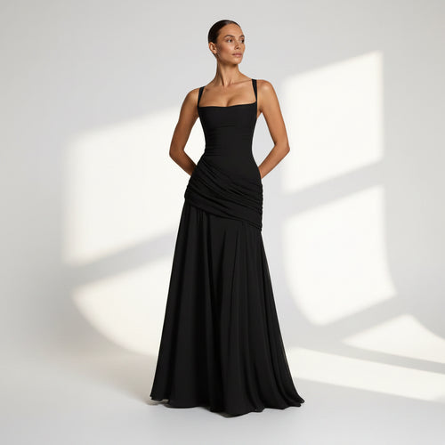 Ruched A-Line Wedding Guest Dress Black 4