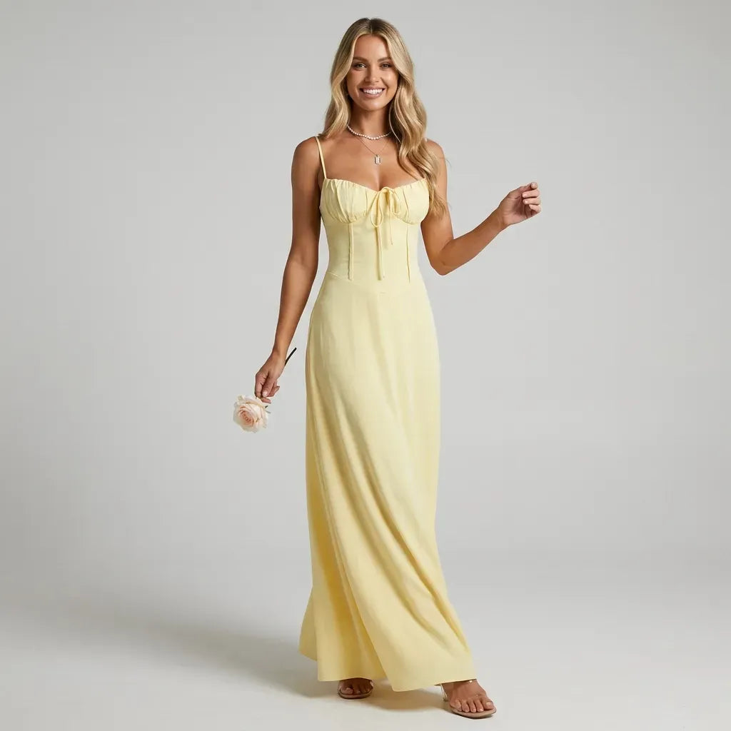 Ruched A-Line Wedding Guest Dress Resort Style Yellow 4
