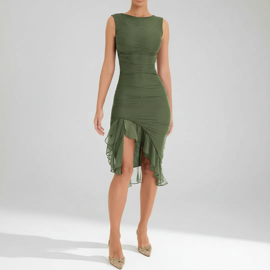 Ruched Bodycon Wedding Guest Dress with Slit Green 10
