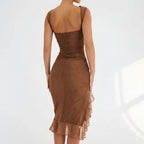 Ruched Bodycon Wedding Guest Dress with Slit Brown 3