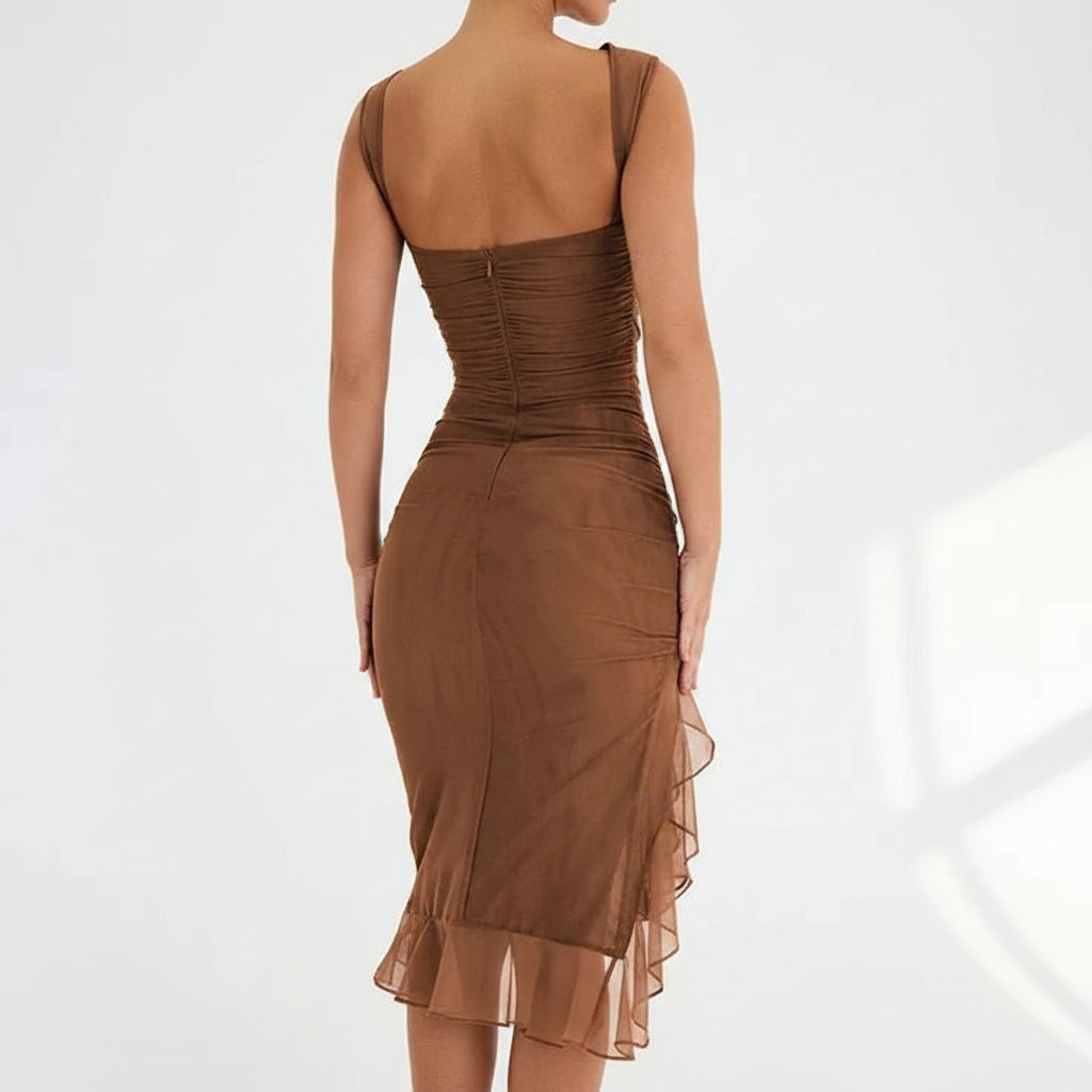 Ruched Bodycon Wedding Guest Dress with Slit Brown 3