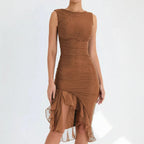 Ruched Bodycon Wedding Guest Dress with Slit Brown 4