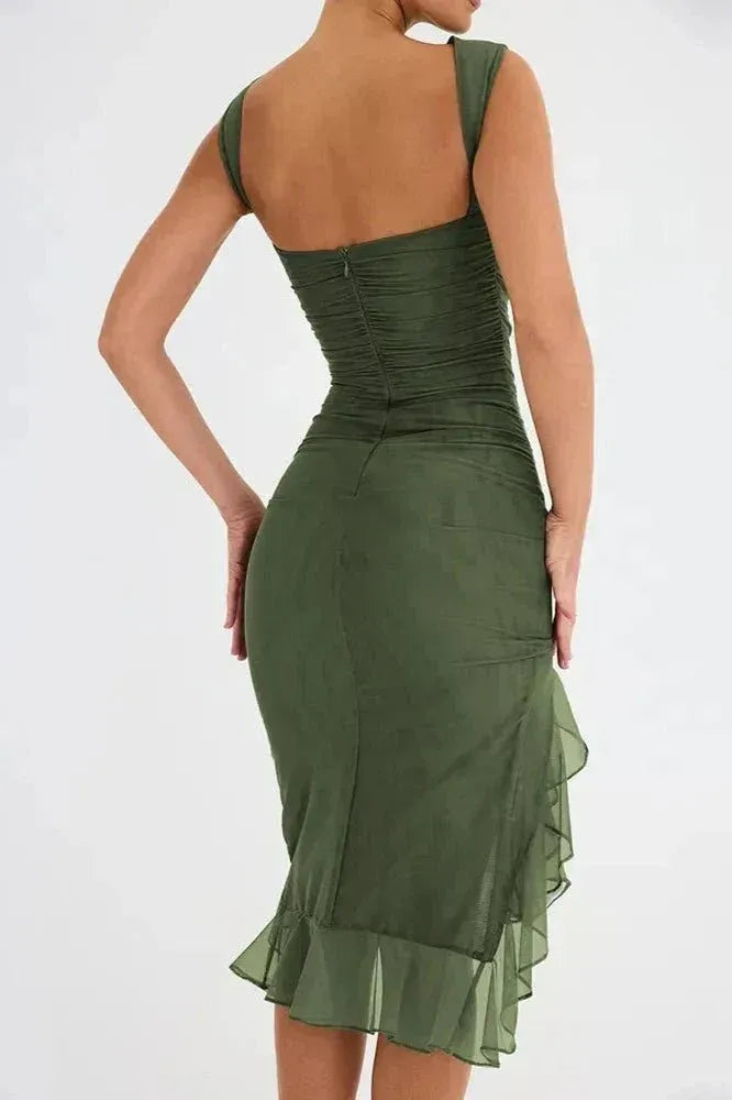 Ruched Bodycon Wedding Guest Dress with Slit Green 6