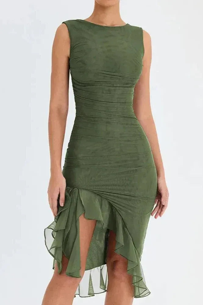Ruched Bodycon Wedding Guest Dress with Slit Green 8