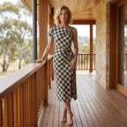 Ruched Gingham Dress Midi One Shoulder Khaki 1