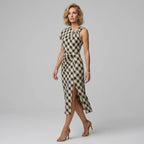Ruched Gingham Dress Midi One Shoulder Khaki 2
