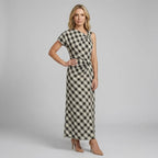 Ruched Gingham Dress Midi One Shoulder Khaki 3