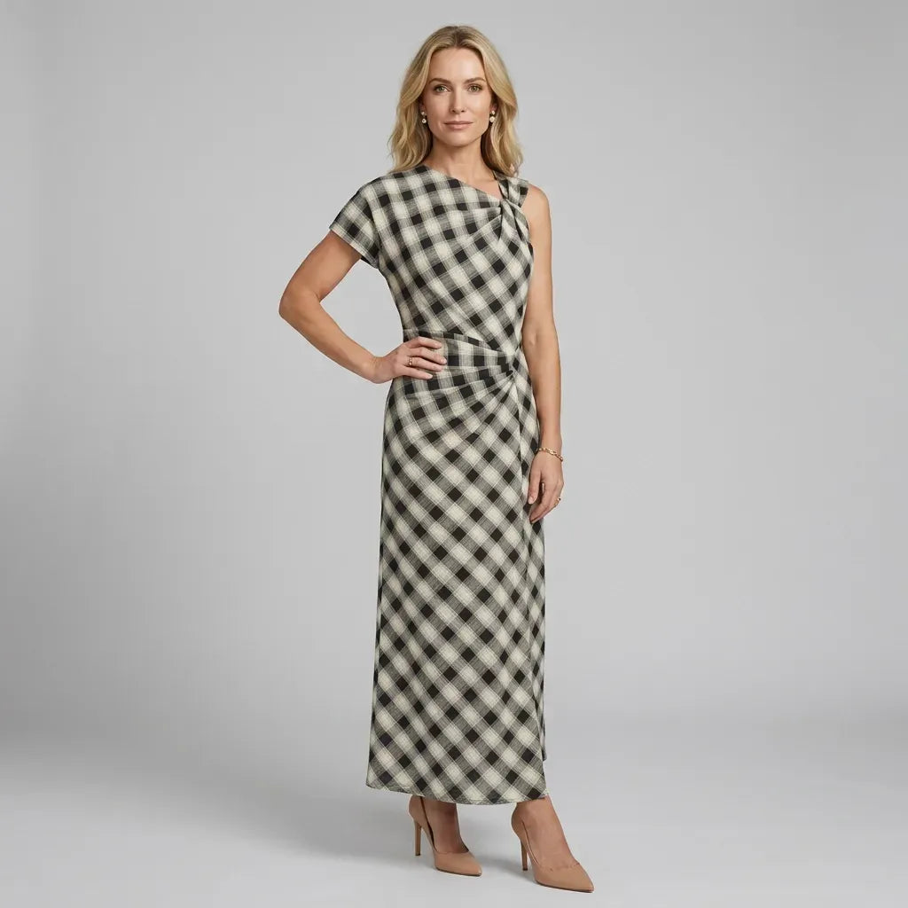 Ruched Gingham Dress Midi One Shoulder Khaki 3