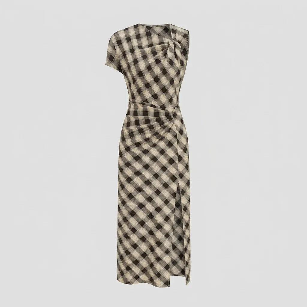 Ruched Gingham Dress Midi One Shoulder Khaki 4