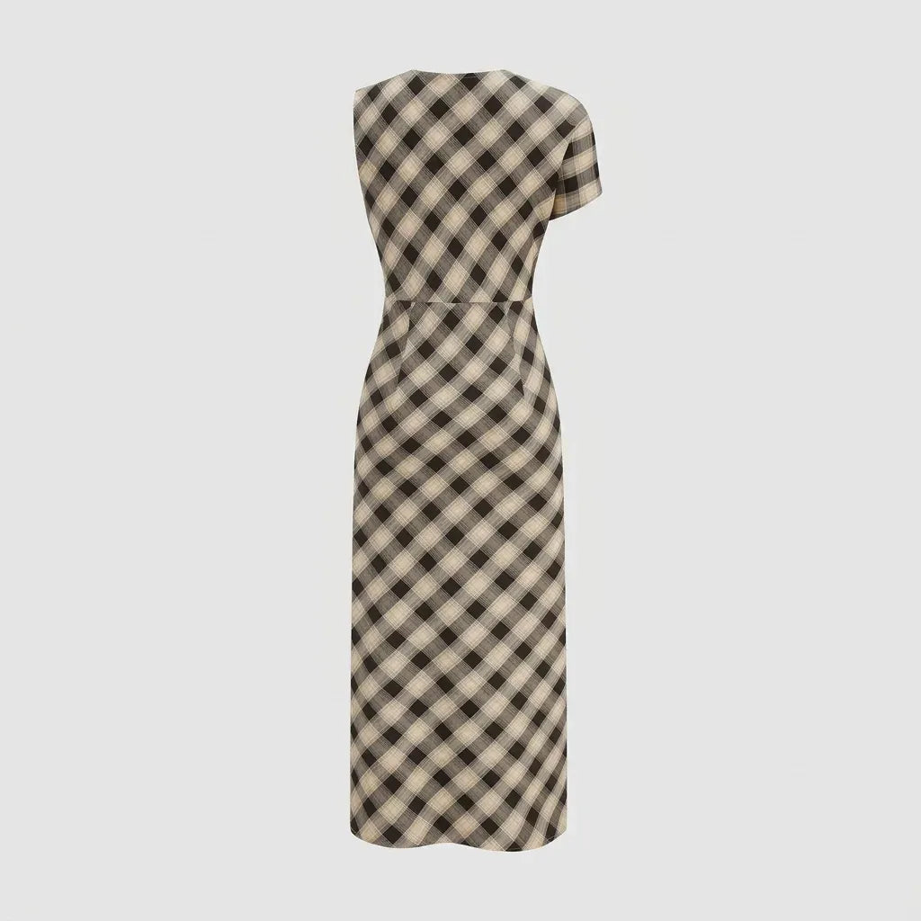 Ruched Gingham Dress Midi One Shoulder Khaki 5