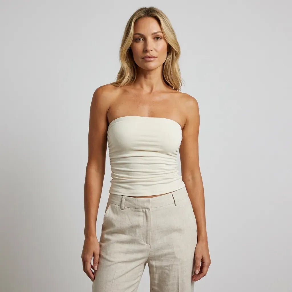 Ruched Strapless Bandeau Top Beige 2