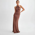 Ruched Wedding Guest Dress with Halter Neck Brown 1