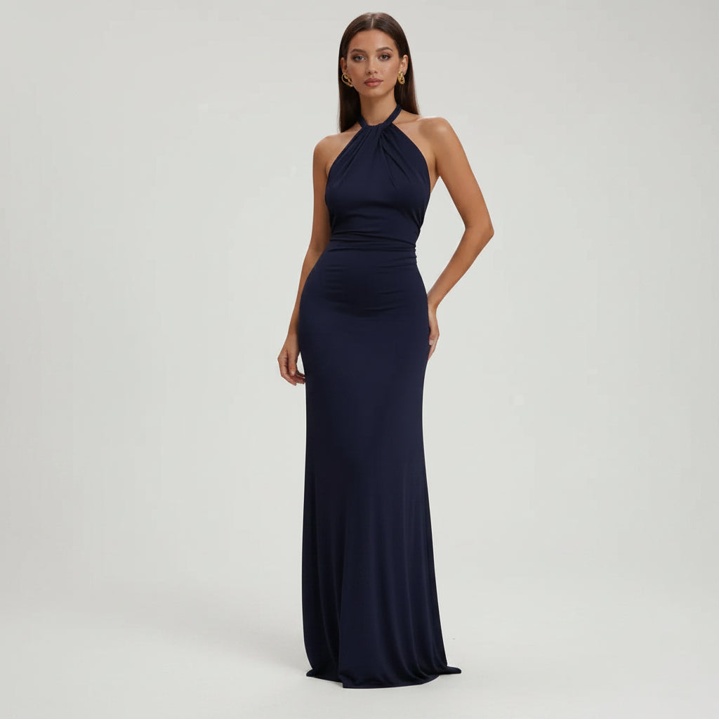 Ruched Wedding Guest Dress with Halter Neck Dark Blue 4
