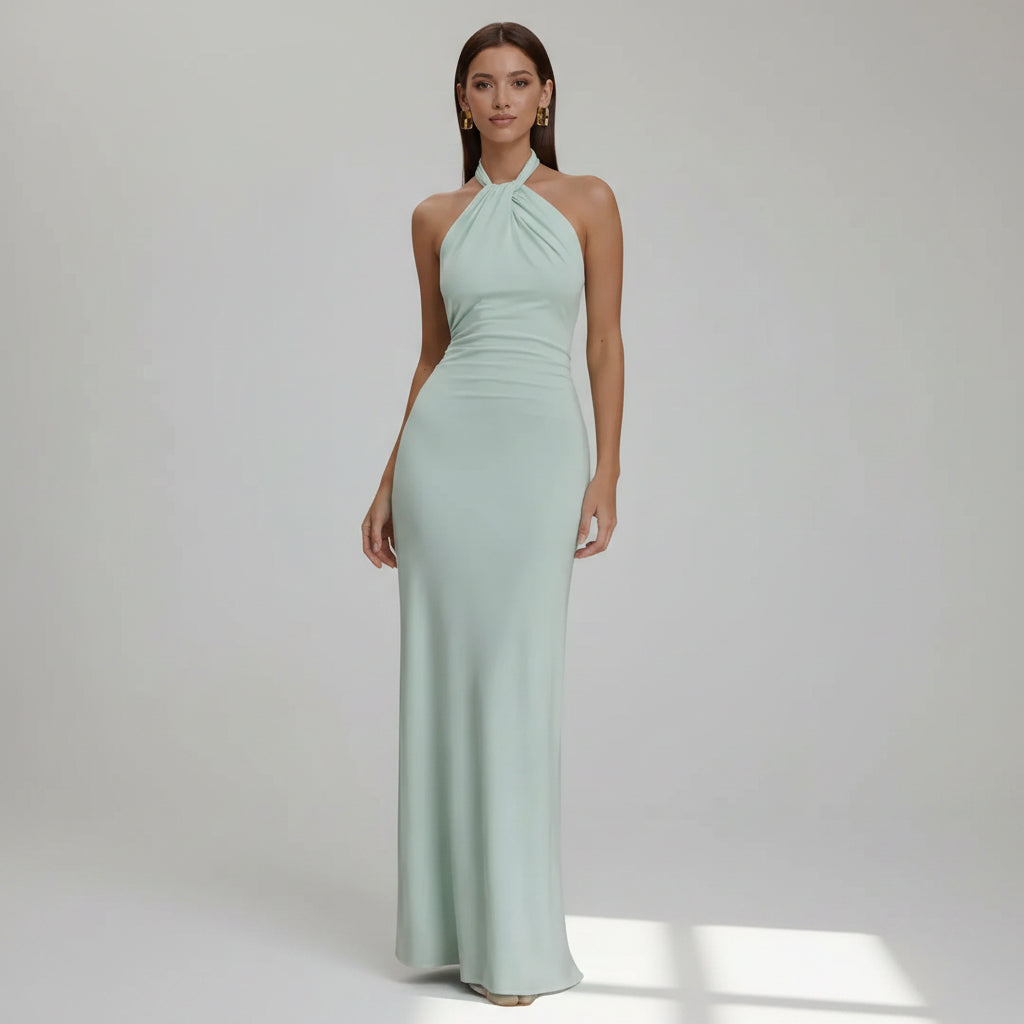 Ruched Wedding Guest Dress with Halter Neck Mint 9