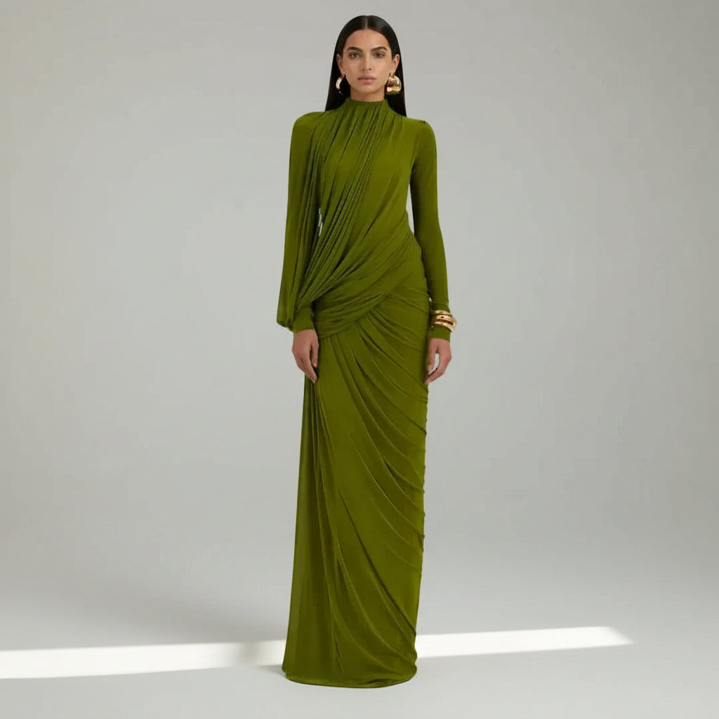 Ruched Wedding Guest Dress with Sleeves Formal Green 3