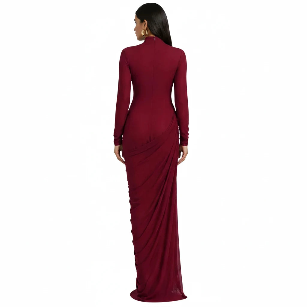 Ruched Wedding Guest Dress with Sleeves Formal Bordeaux 4