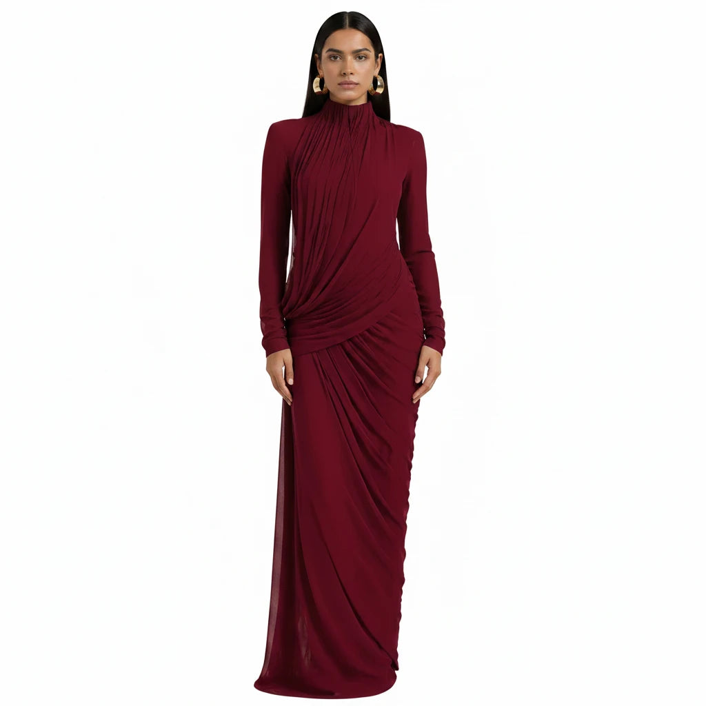 Ruched Wedding Guest Dress with Sleeves Formal Bordeaux 6