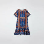 Women’s Folk Print Relaxed Midi Dress With Ruffle Hem