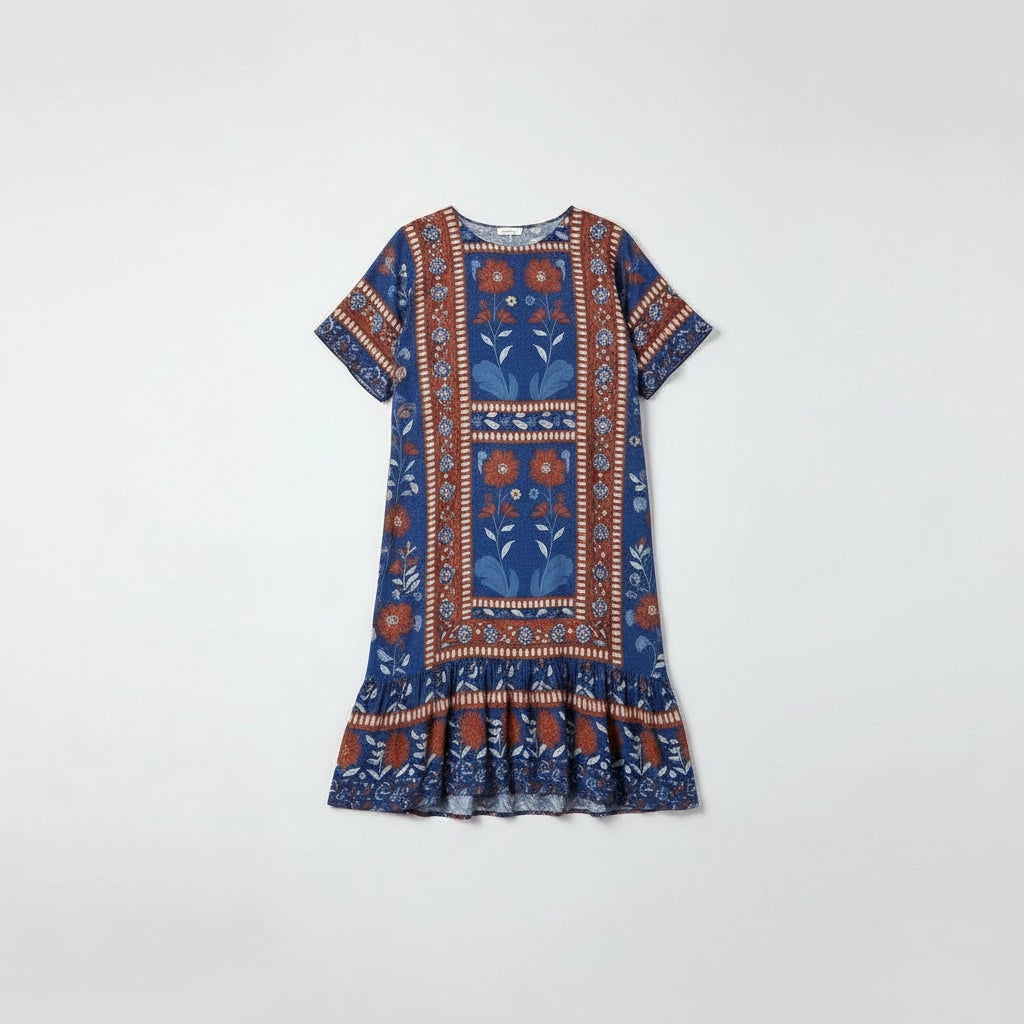 Women’s Folk Print Relaxed Midi Dress With Ruffle Hem