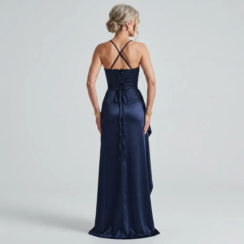 Satin Bodycon Formal Dress with Cowl Neck Navy 3