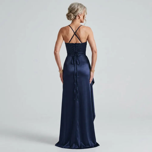 Satin Bodycon Formal Dress with Cowl Neck Navy 3