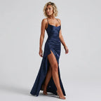 Satin Bodycon Formal Dress with Cowl Neck Navy 5