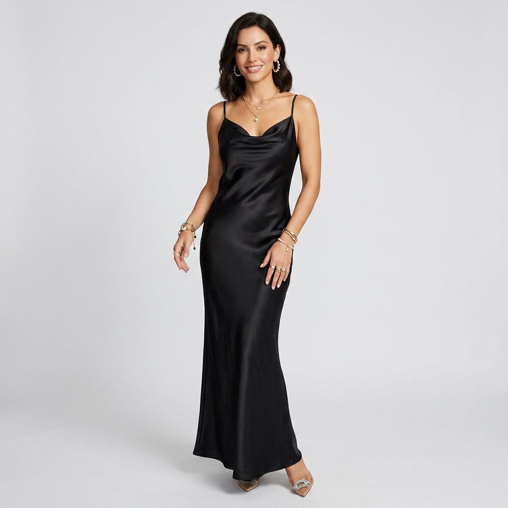 Satin Bodycon Midi Dress with Cowl Neck in Black – 3