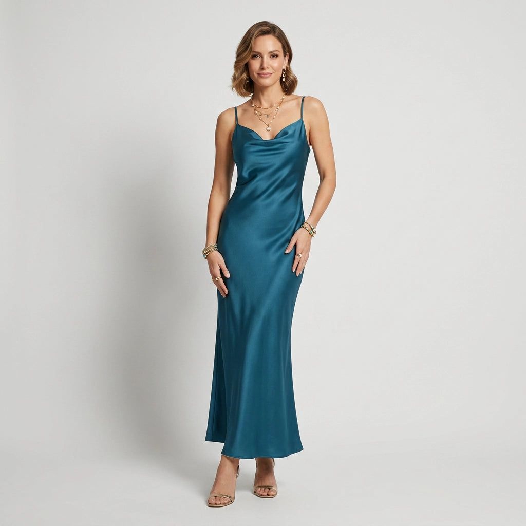 Satin Bodycon Midi Dress with Cowl Neck in Blue – 4