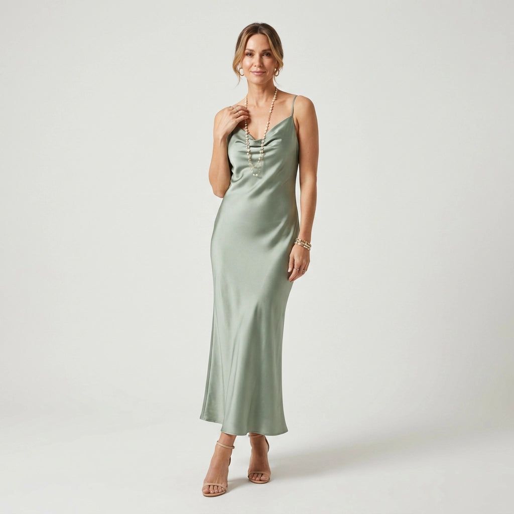 Satin Bodycon Midi Dress with Cowl Neck in Green – 5