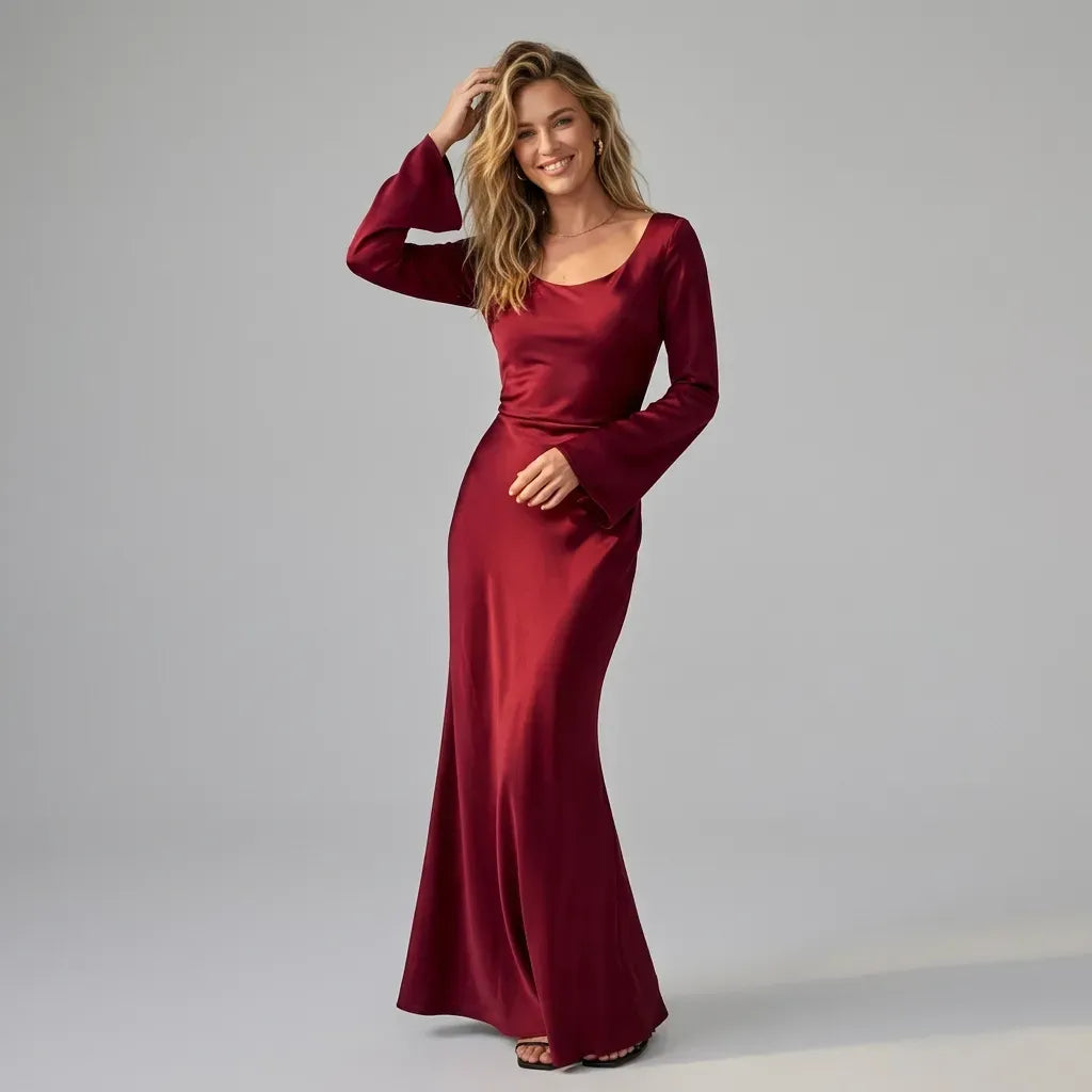 Satin Column Wedding Guest Dress with Sleeves Dark Red 3
