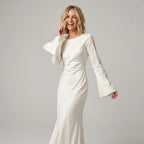 Satin Column Wedding Guest Dress with Sleeves White 4