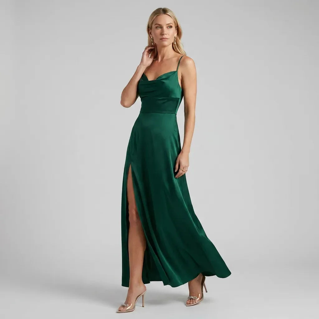 Satin Cowl Neck Dress with Slit Detail Dark Green 11
