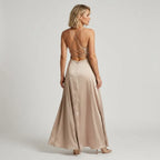Satin Cowl Neck Dress with Slit Detail Beige 3