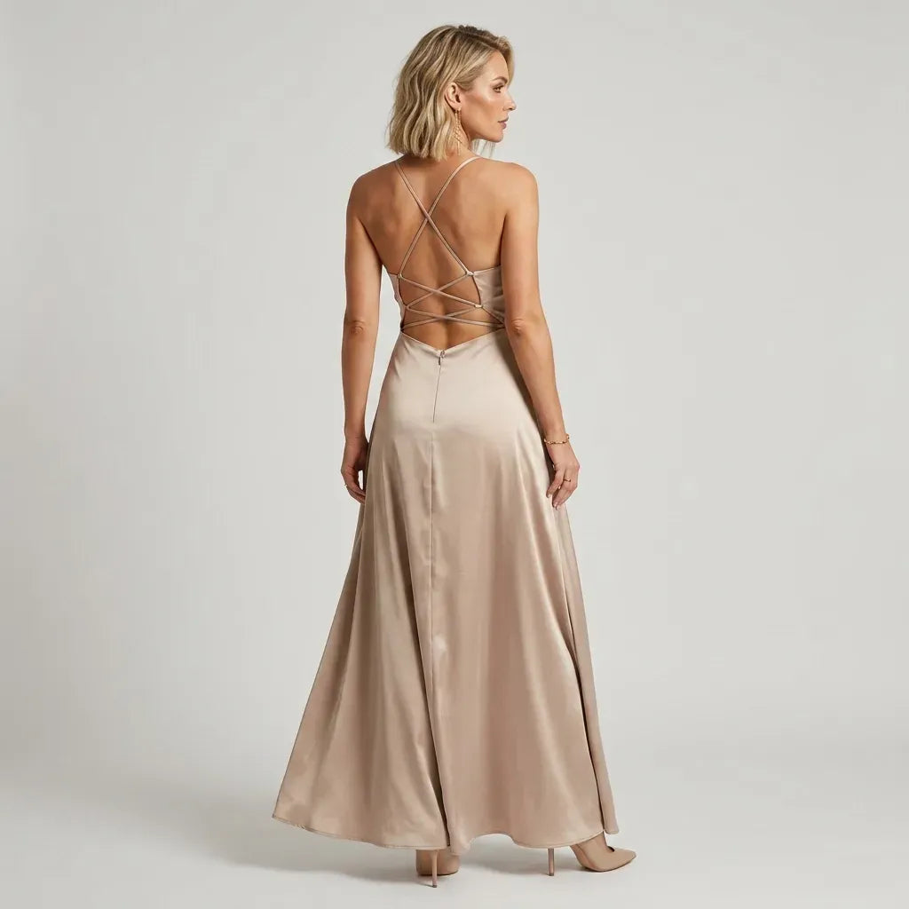 Satin Cowl Neck Dress with Slit Detail Beige 3