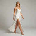 Satin Cowl Neck Dress with Slit Detail White 4