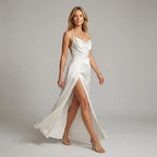 Satin Cowl Neck Dress with Slit Detail White 4