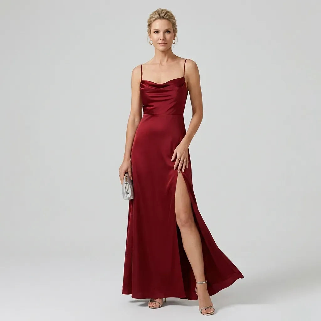 Satin Cowl Neck Dress with Slit Detail Red 7