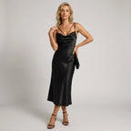 Satin Cowl Neck Slip Maxi Dress with Adjustable Straps Black 1