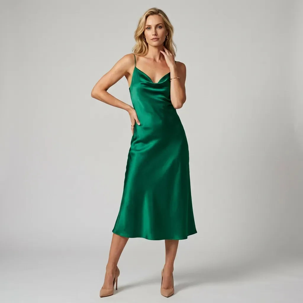 Satin Cowl Neck Slip Maxi Dress with Adjustable Straps Green 3