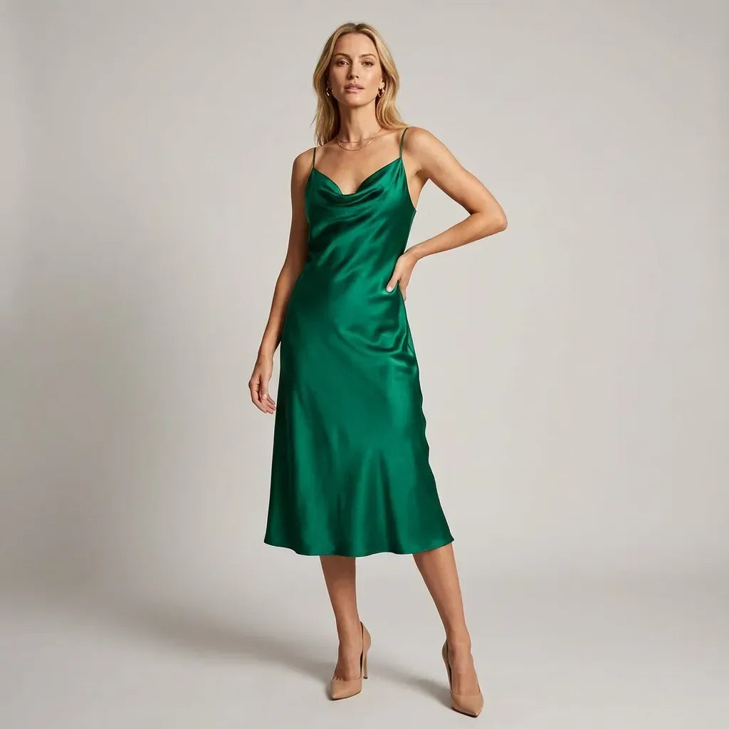 Satin Cowl Neck Slip Maxi Dress with Adjustable Straps Green 4