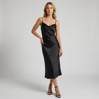 Satin Cowl Neck Slip Maxi Dress with Adjustable Straps Black 5