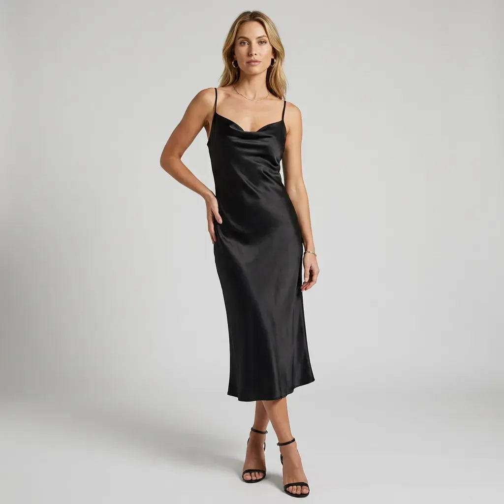Satin Cowl Neck Slip Maxi Dress with Adjustable Straps Black 5