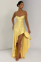 Satin Cowl Neck Wedding Guest Dress with Slit Yellow 1