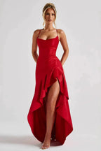Satin Cowl Neck Wedding Guest Dress with Slit Red 12